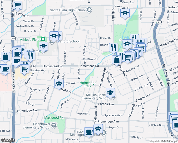 map of restaurants, bars, coffee shops, grocery stores, and more near 742 Flannery Street in Santa Clara