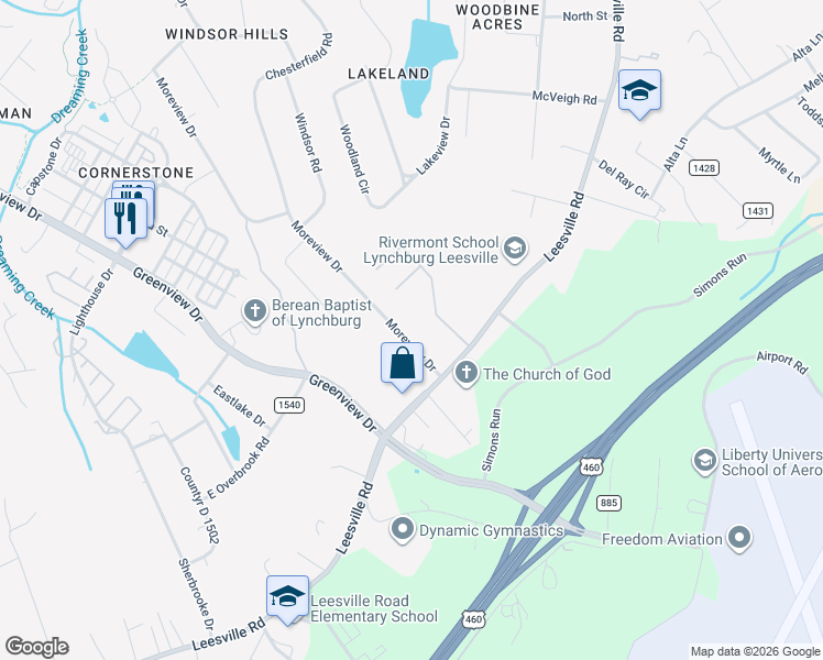 map of restaurants, bars, coffee shops, grocery stores, and more near 1004 Moreview Drive in Lynchburg