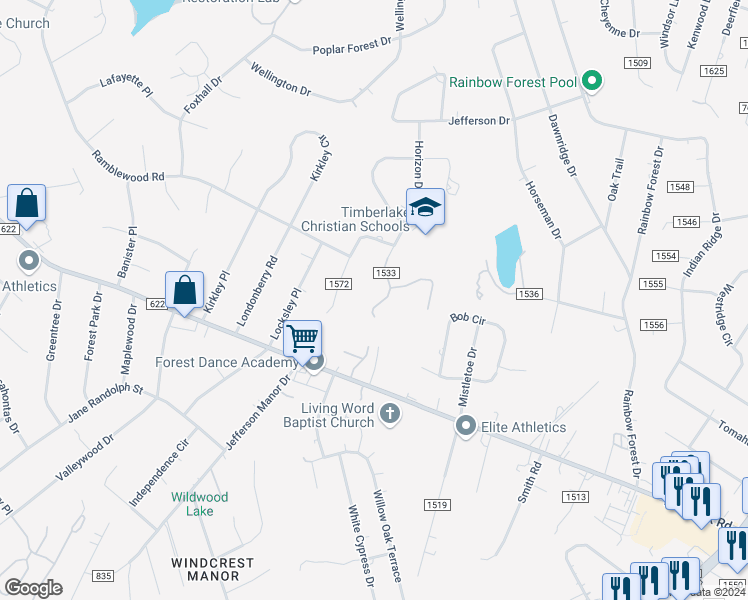 map of restaurants, bars, coffee shops, grocery stores, and more near 393 Horizon Drive in Forest