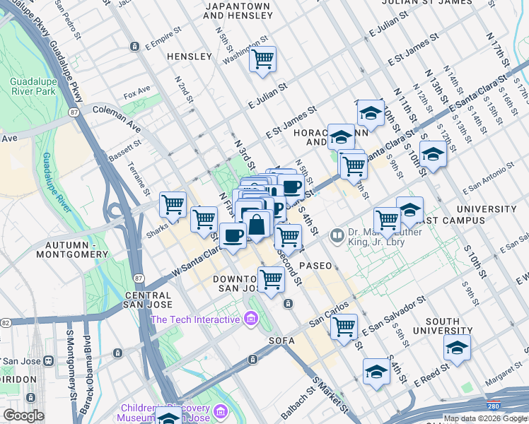 map of restaurants, bars, coffee shops, grocery stores, and more near 75 East Santa Clara Street in San Jose