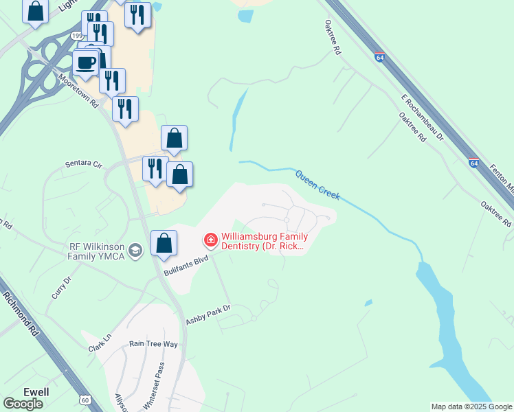map of restaurants, bars, coffee shops, grocery stores, and more near 300 Bulifants Boulevard in Williamsburg