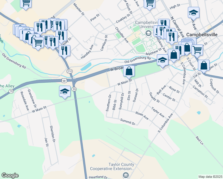 map of restaurants, bars, coffee shops, grocery stores, and more near 610 West Main Street in Campbellsville
