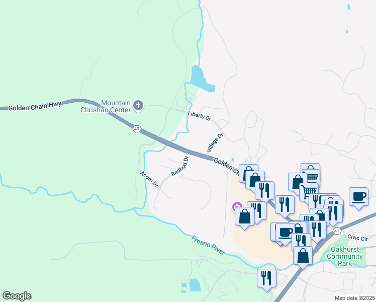 map of restaurants, bars, coffee shops, grocery stores, and more near California 49 & Redbud Drive in Oakhurst