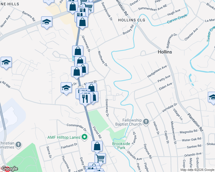 map of restaurants, bars, coffee shops, grocery stores, and more near in Hollins