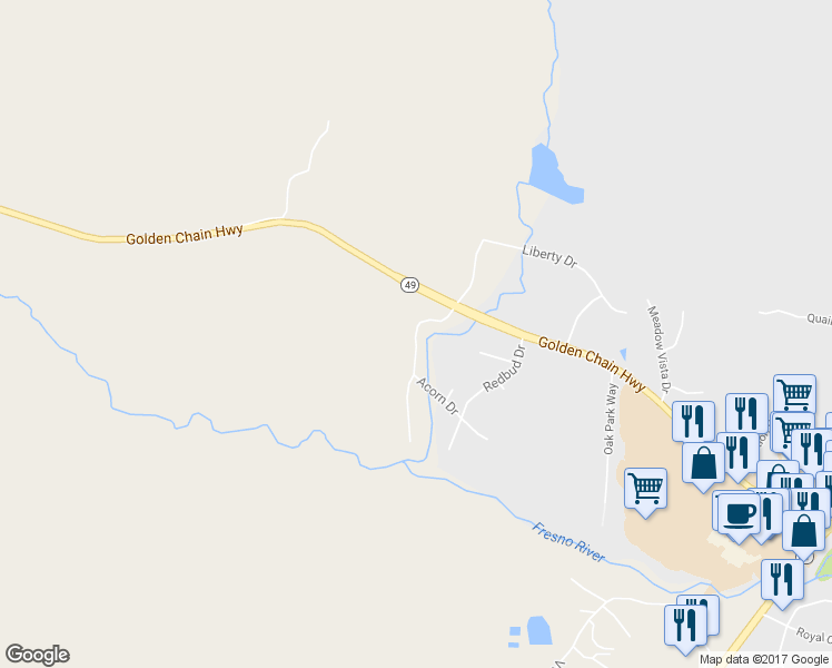 map of restaurants, bars, coffee shops, grocery stores, and more near 40473 Bollinger Place in Oakhurst