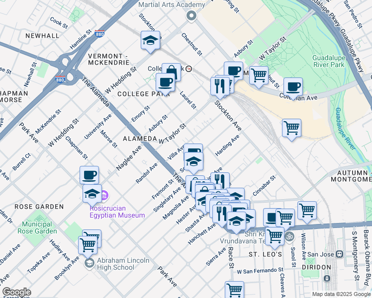 map of restaurants, bars, coffee shops, grocery stores, and more near 1000 Villa Avenue in San Jose