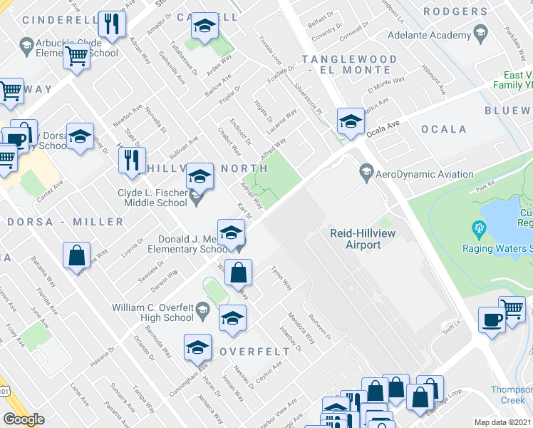 map of restaurants, bars, coffee shops, grocery stores, and more near Ocala Ave & Adrian Way in San Jose