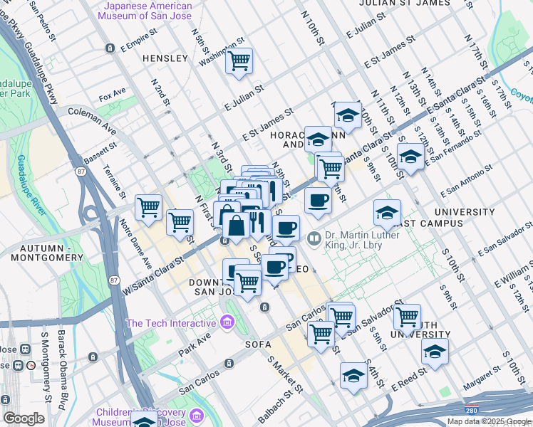 map of restaurants, bars, coffee shops, grocery stores, and more near 25 South 3rd Street in San Jose
