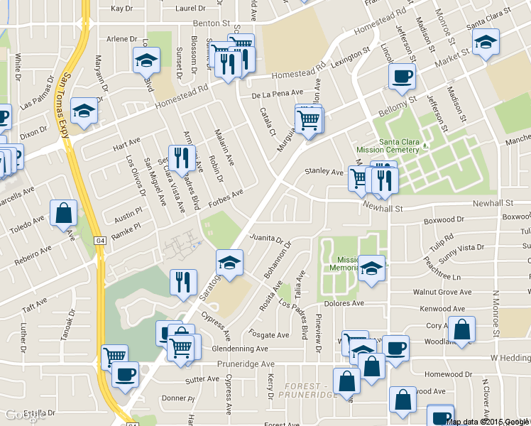 map of restaurants, bars, coffee shops, grocery stores, and more near 2112 Town and Country Lane in Santa Clara