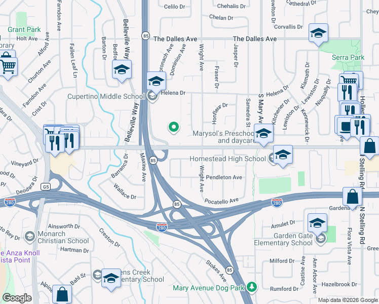 map of restaurants, bars, coffee shops, grocery stores, and more near 1712 Calgary Drive in Sunnyvale