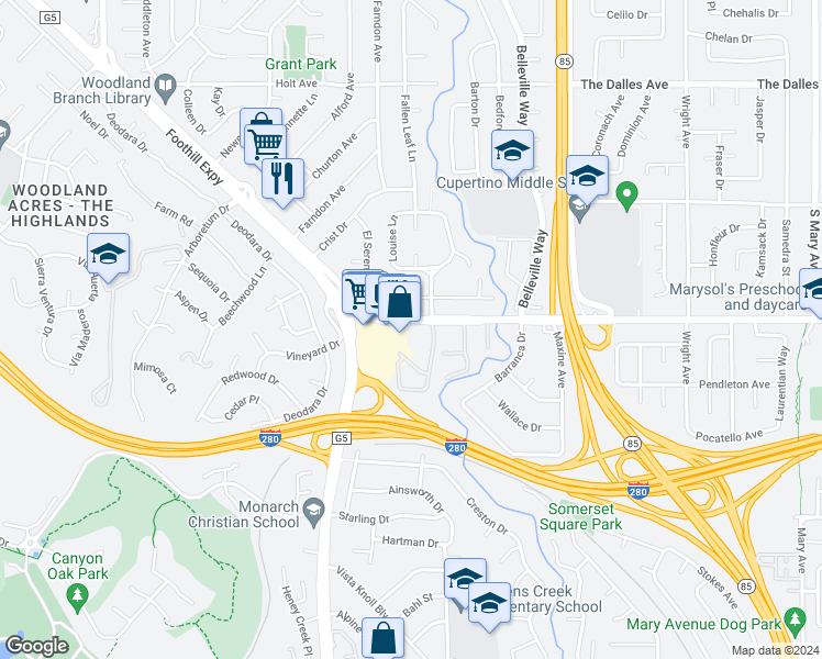 map of restaurants, bars, coffee shops, grocery stores, and more near 2220 Homestead Court in Los Altos