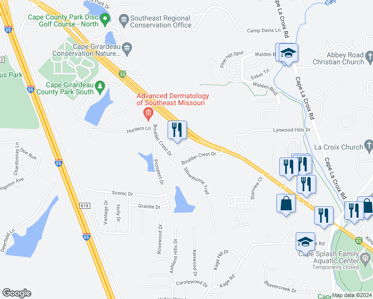 map of restaurants, bars, coffee shops, grocery stores, and more near 2037 Pear Tree Court in Cape Girardeau