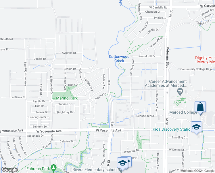 map of restaurants, bars, coffee shops, grocery stores, and more near R Street in Merced