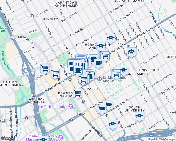 map of restaurants, bars, coffee shops, grocery stores, and more near in San Jose