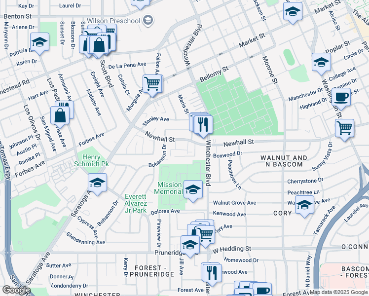 map of restaurants, bars, coffee shops, grocery stores, and more near 440 North Winchester Boulevard in Santa Clara