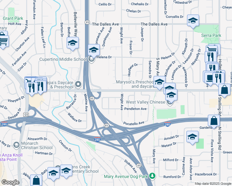 map of restaurants, bars, coffee shops, grocery stores, and more near 1014 West Homestead Road in Sunnyvale
