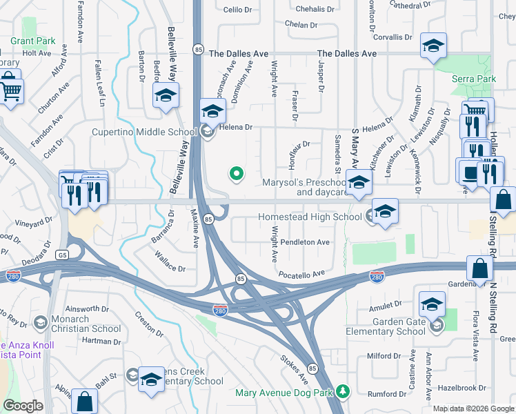 map of restaurants, bars, coffee shops, grocery stores, and more near 1712 Calgary Drive in Sunnyvale