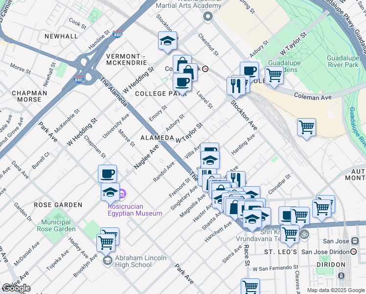 map of restaurants, bars, coffee shops, grocery stores, and more near 1650 The Alameda in San Jose