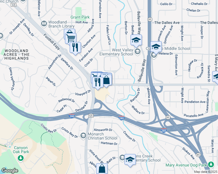 map of restaurants, bars, coffee shops, grocery stores, and more near 22330 Homestead Road in Cupertino