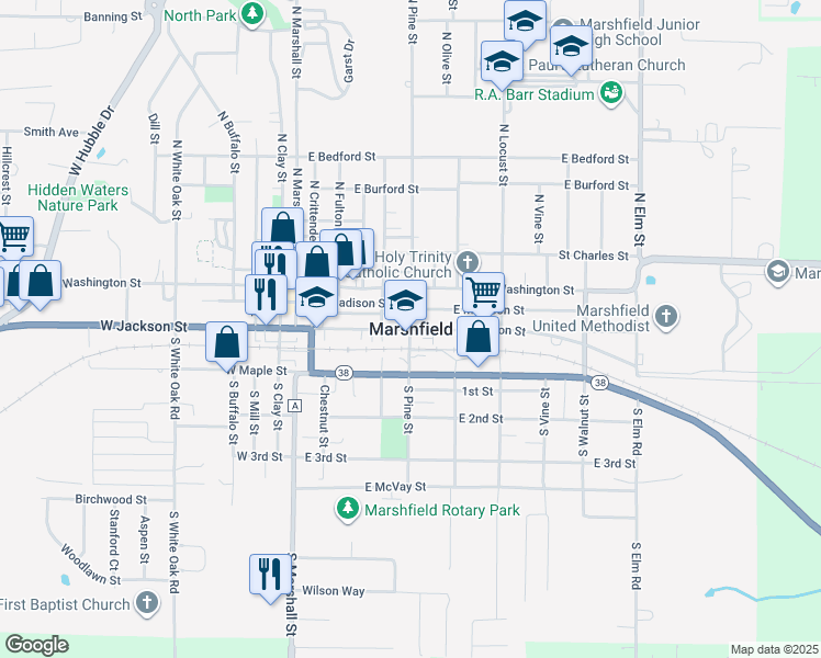 map of restaurants, bars, coffee shops, grocery stores, and more near in Marshfield