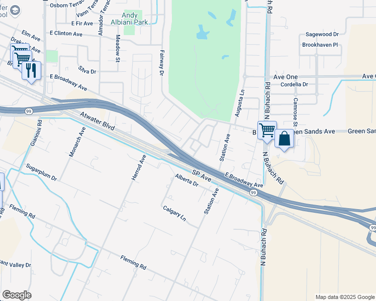 map of restaurants, bars, coffee shops, grocery stores, and more near 693 Rancho Vista Drive in Atwater