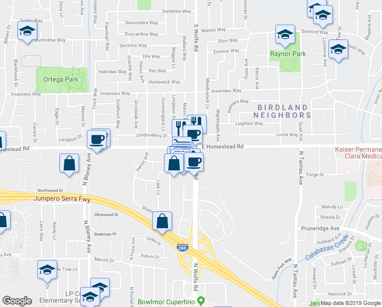 map of restaurants, bars, coffee shops, grocery stores, and more near 11111 North Wolfe Road in Cupertino