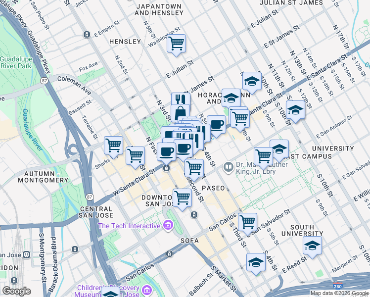 map of restaurants, bars, coffee shops, grocery stores, and more near 97 East Santa Clara Street in San Jose