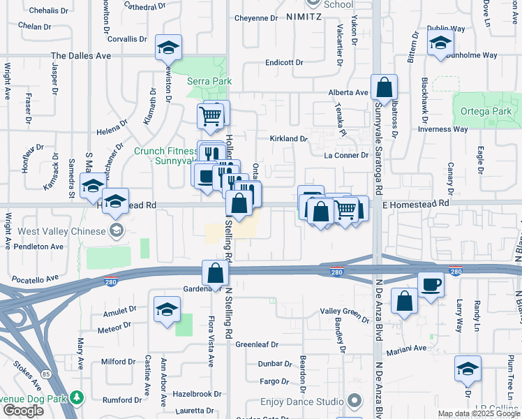 map of restaurants, bars, coffee shops, grocery stores, and more near 20900 Homestead Road in Cupertino