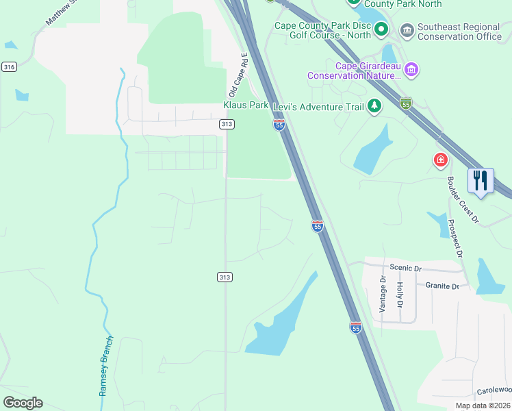 map of restaurants, bars, coffee shops, grocery stores, and more near 5703 County Road 313 in Cape Girardeau