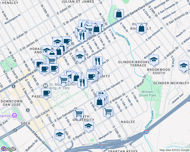 map of restaurants, bars, coffee shops, grocery stores, and more near 215 South 12th Street in San Jose