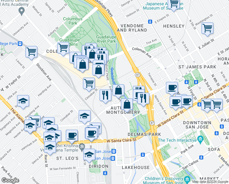 map of restaurants, bars, coffee shops, grocery stores, and more near 443 Howard Street in San Jose