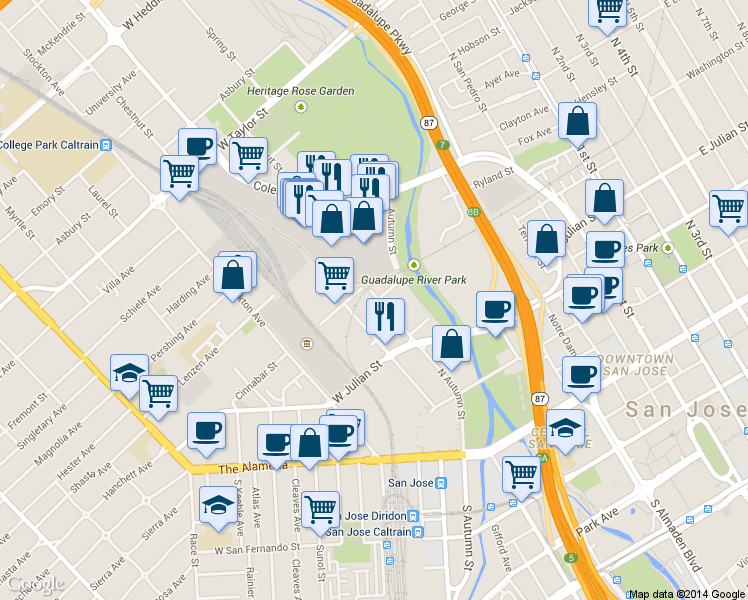 map of restaurants, bars, coffee shops, grocery stores, and more near 533 Coleman Avenue in San Jose