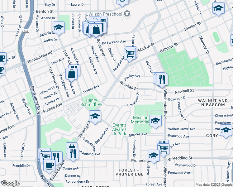 map of restaurants, bars, coffee shops, grocery stores, and more near 525 Saratoga Avenue in Santa Clara