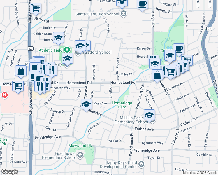 map of restaurants, bars, coffee shops, grocery stores, and more near 794 Ridge Road in Santa Clara