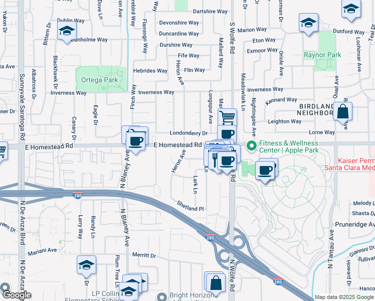 map of restaurants, bars, coffee shops, grocery stores, and more near 807 East Homestead Road in Sunnyvale