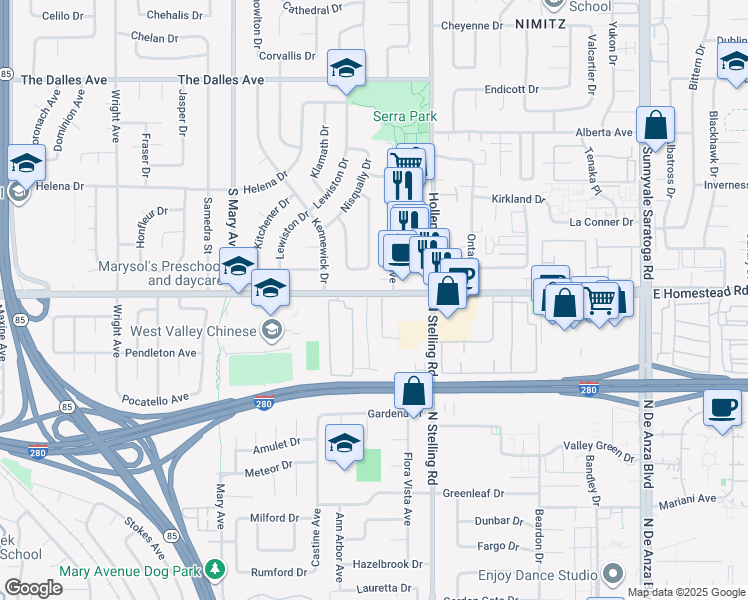 map of restaurants, bars, coffee shops, grocery stores, and more near 1693 Lachine Drive in Sunnyvale