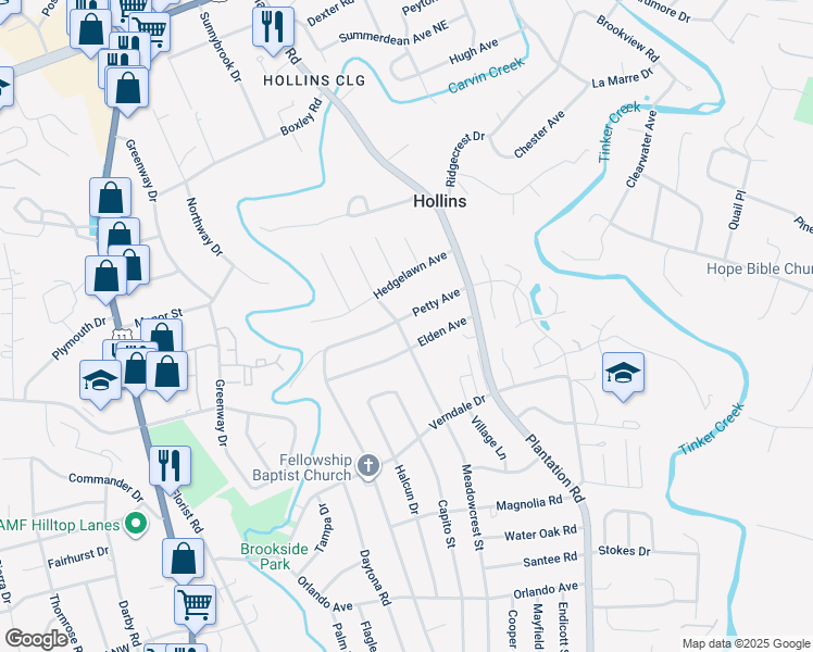 map of restaurants, bars, coffee shops, grocery stores, and more near 505 Petty Avenue in Hollins