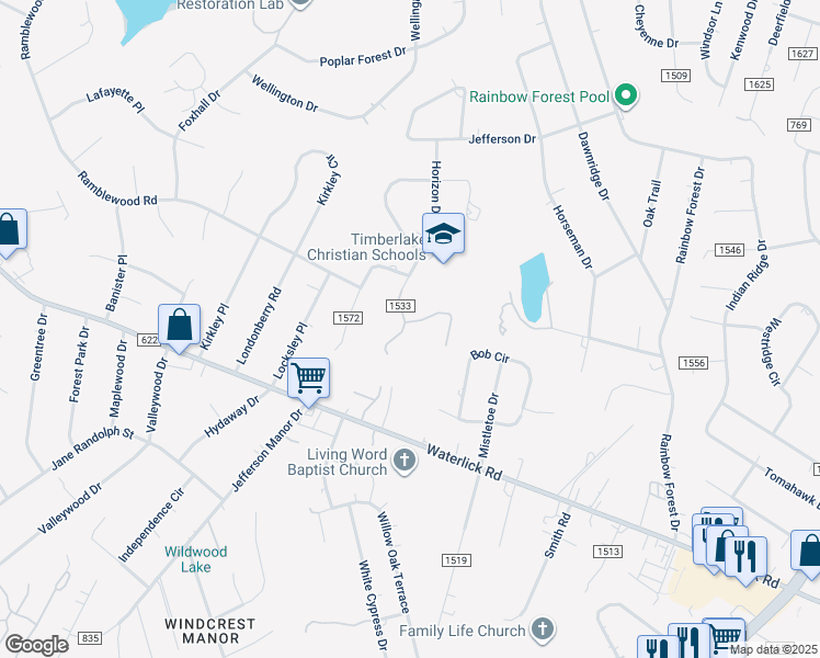 map of restaurants, bars, coffee shops, grocery stores, and more near 368 Horizon Drive in Forest