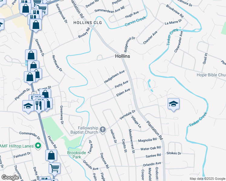 map of restaurants, bars, coffee shops, grocery stores, and more near 505 Petty Avenue in Hollins