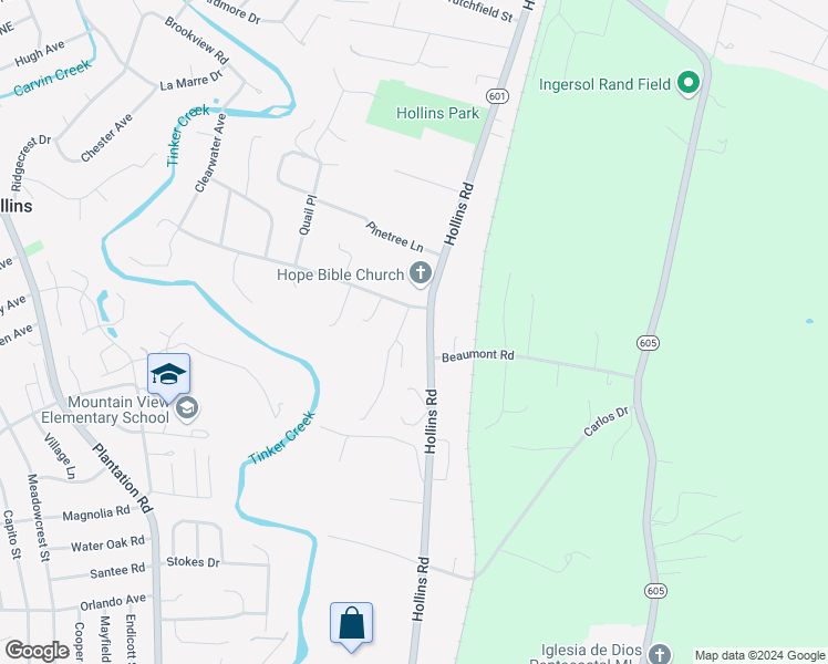 map of restaurants, bars, coffee shops, grocery stores, and more near 5425 Vistamont Drive in Hollins
