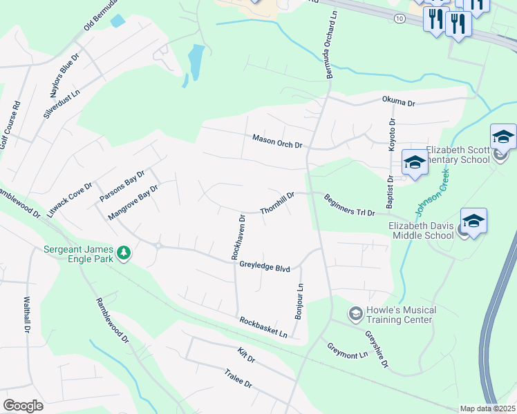 map of restaurants, bars, coffee shops, grocery stores, and more near 304 Thornhill Drive in Chester