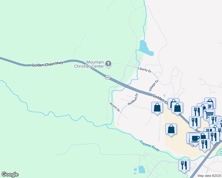 map of restaurants, bars, coffee shops, grocery stores, and more near 40473 Bollinger Place in Oakhurst