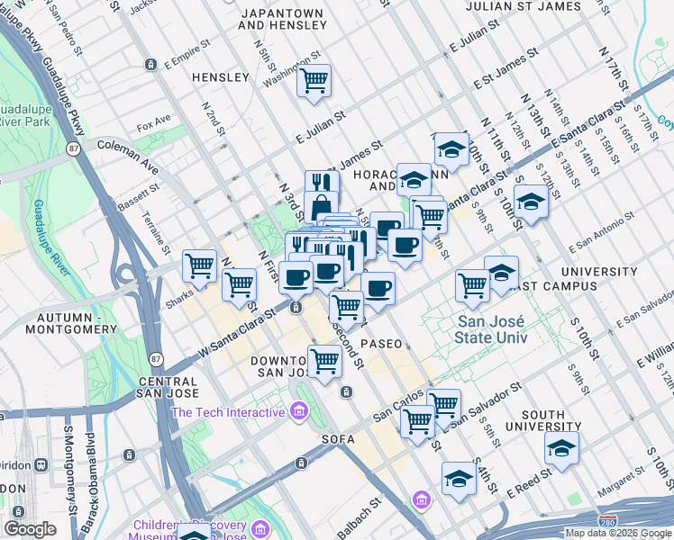 map of restaurants, bars, coffee shops, grocery stores, and more near 101 East Santa Clara Street in San Jose