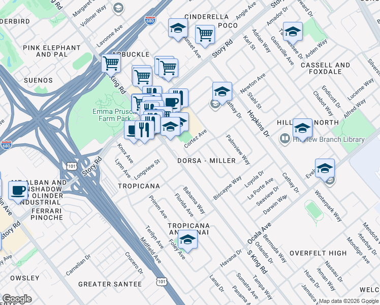 map of restaurants, bars, coffee shops, grocery stores, and more near 1324 Orlando Drive in San Jose