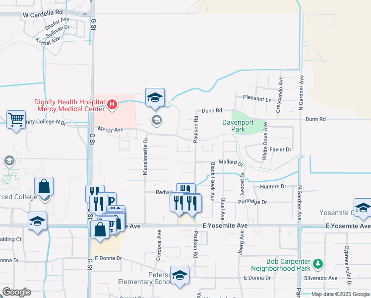 map of restaurants, bars, coffee shops, grocery stores, and more near 3937 Finch Court in Merced