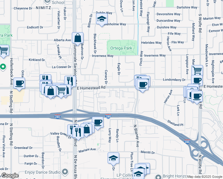 map of restaurants, bars, coffee shops, grocery stores, and more near 575 East Homestead Road in Sunnyvale
