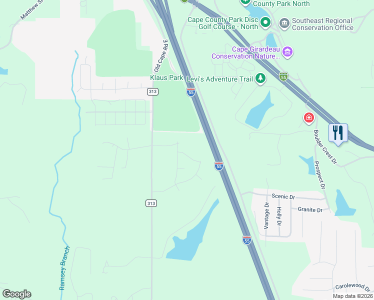 map of restaurants, bars, coffee shops, grocery stores, and more near 5703 County Road 313 in Cape Girardeau