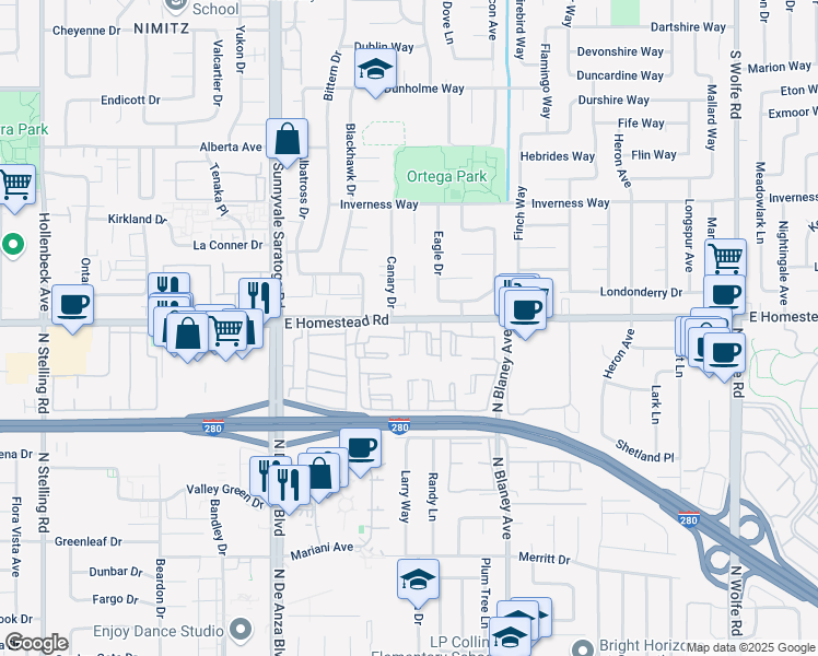 map of restaurants, bars, coffee shops, grocery stores, and more near 10995 Northseal Square in Cupertino