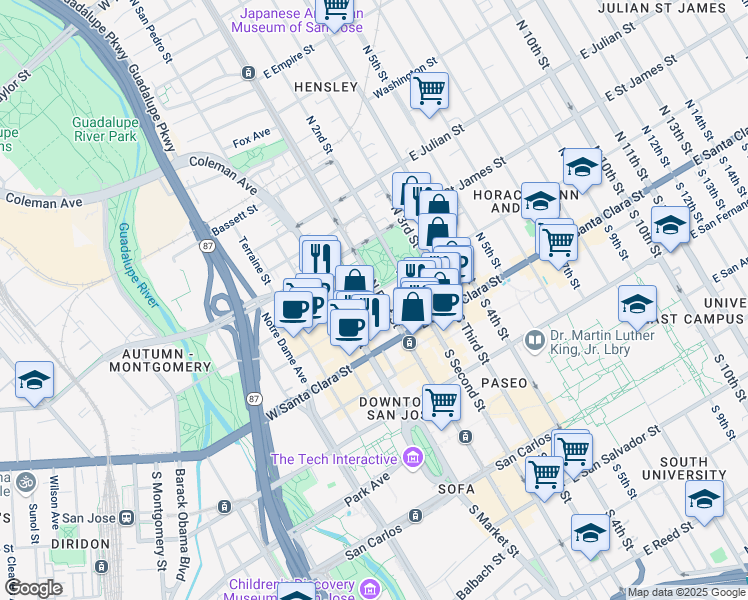 map of restaurants, bars, coffee shops, grocery stores, and more near 100 North 1st Street in San Jose