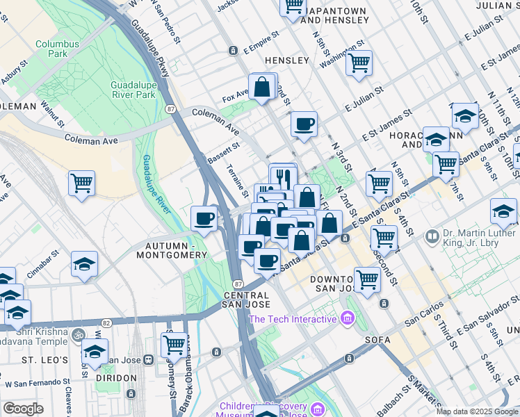 map of restaurants, bars, coffee shops, grocery stores, and more near 188 West Saint James Street in San Jose